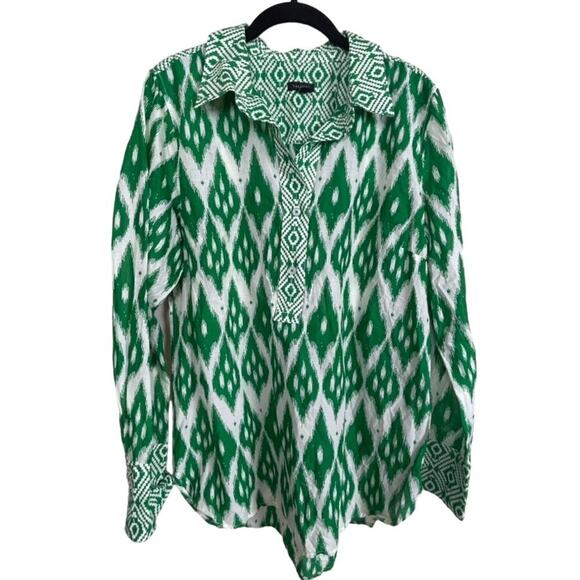 Talbots Button Up Shirt M Green White Popover Long‎ Sleeve Classic Preppy - Picture 1 of 7
